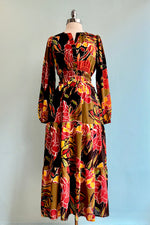 Long Sleeve Brown and Olive Floral Tiered Maxi Dress