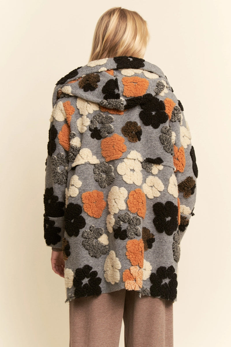 Grey Hoodie Jacket with Fluffy Flowers