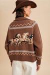 Western Horse Zip Front Cardigan in Mocha