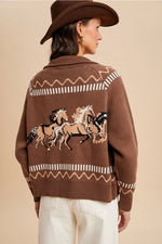 Western Horse Zip Front Cardigan in Mocha