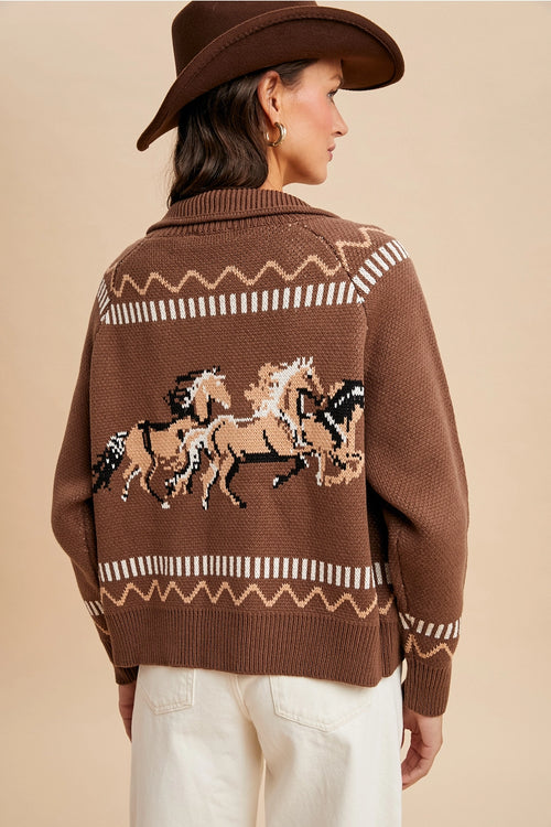 Western Horse Zip Front Cardigan in Mocha