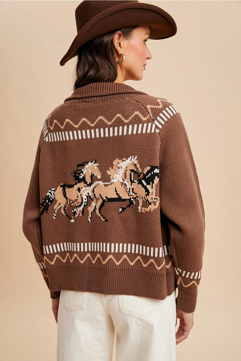 Western Horse Zip Front Cardigan in Mocha