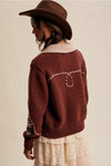 Collared and Embroidered Cardigan in Brown