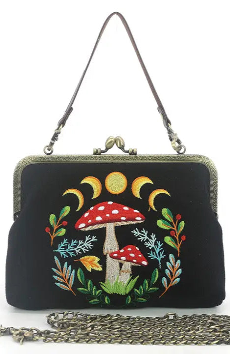 Celestial Mushroom Kisslock Bag in Black