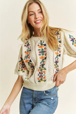 Ivory Embroidered Short Sleeve Sweater