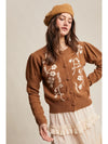Puff Sleeve Embroidered Floral Cardigan in Tiramisu