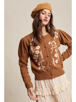 Puff Sleeve Embroidered Floral Cardigan in Tiramisu