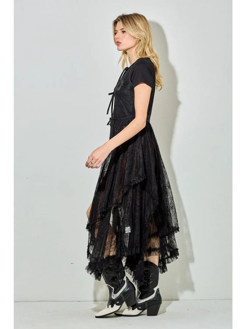 Black Tie Front Lace Vest Duster Dress