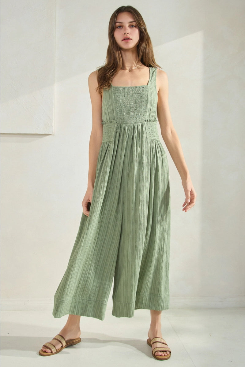 Sage Crinkled and Cropped Wide Leg Jumpsuit