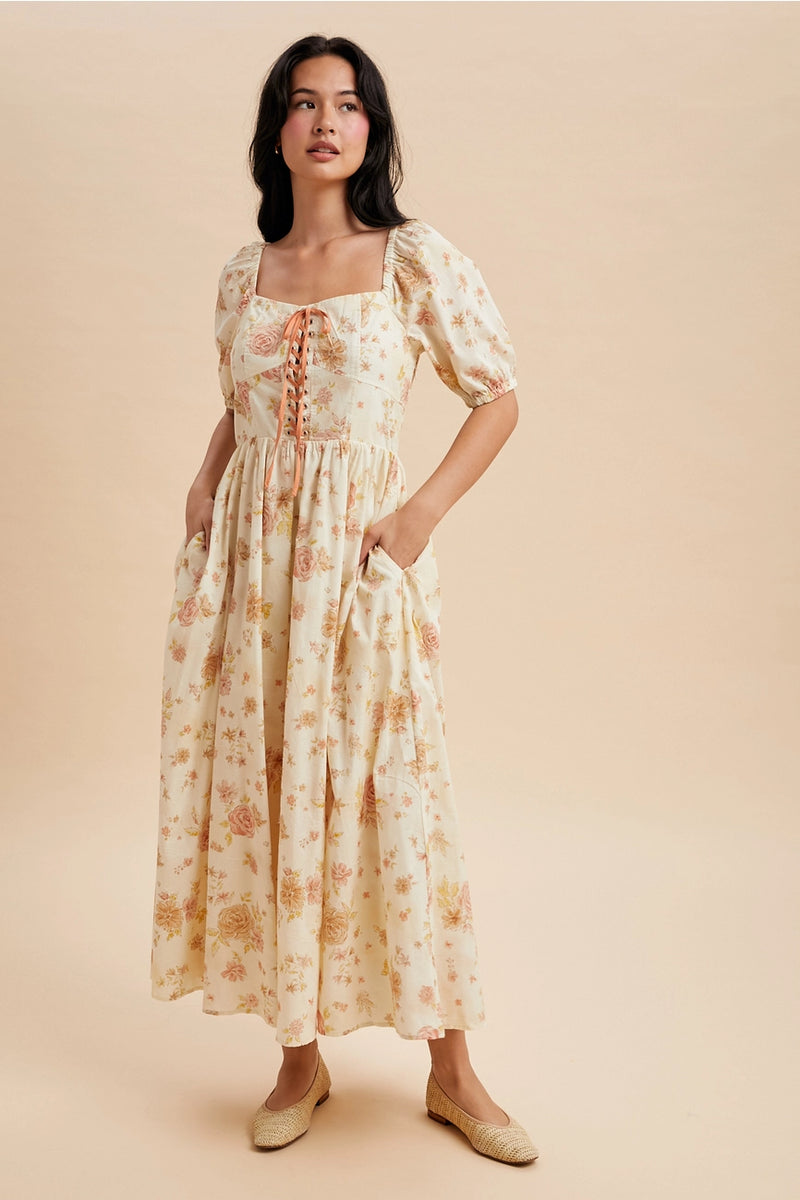 balloon sleeve midi dress Yellow English Rose Corset Lace-Up Balloon Sleeve Midi Dress Large