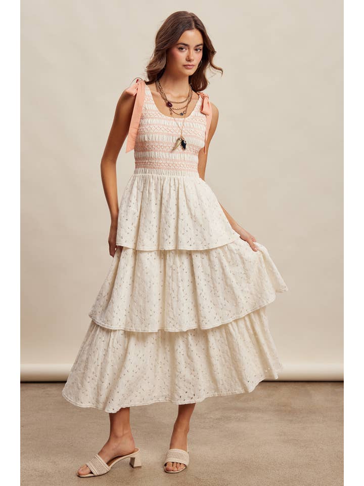 smocked bodice dress Ivory Smocked Bodice Tie- Shoulder Layered Maxi Dress X-Large