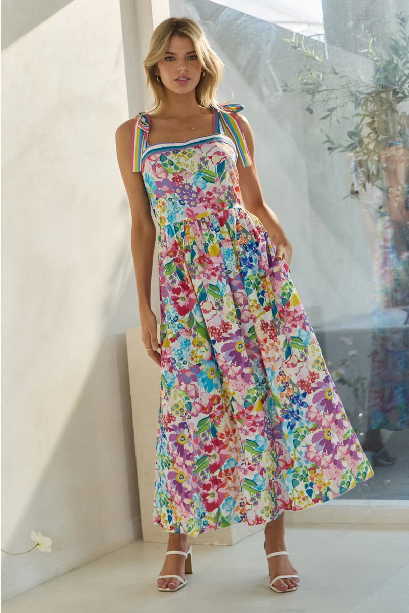 Rainbow Floral Tie-Shoulder Midi Dress 1X-Large Rainbow Floral Tie-Shoulder Midi Dress 1X-Large