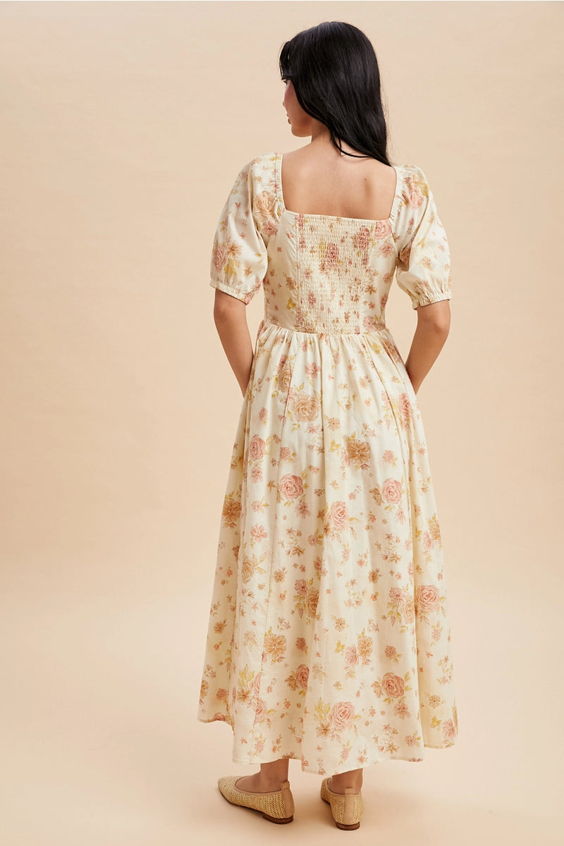 Yellow English Rose Corset Lace-Up Balloon Sleeve Midi Dress Medium