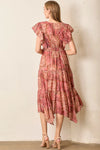 Pink Floral Ruffle Sleeve Midi Dress
