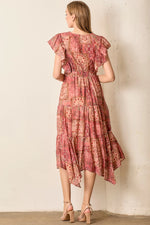 Pink Floral Ruffle Sleeve Midi Dress