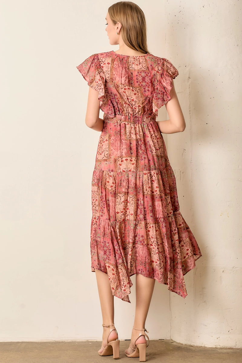 Pink Floral Ruffle Sleeve Midi Dress