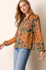 Green and Orange Floral Long Sleeve Blouse