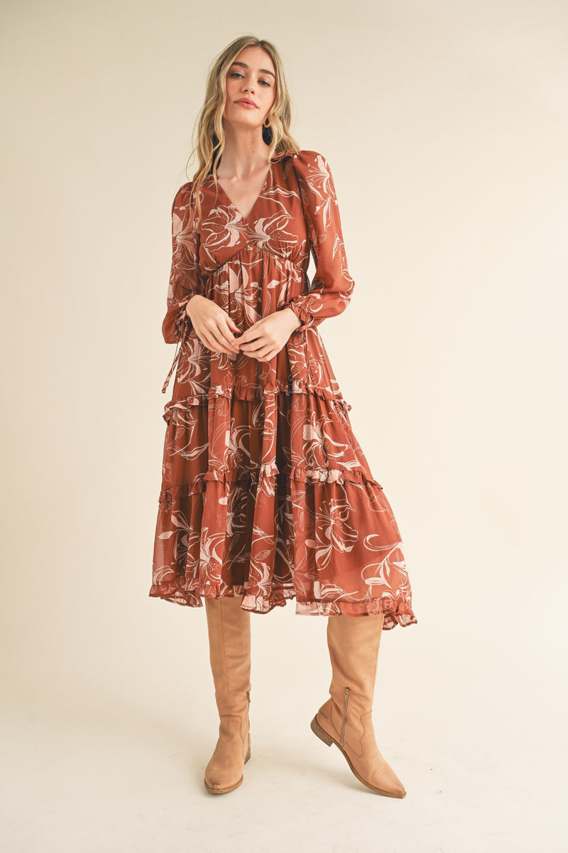 Brown and Pink Floral Empire Midi Dress