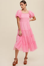 Pink Mesh Smocked Short Sleeve Midi Dress