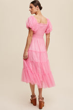 Pink Mesh Smocked Short Sleeve Midi Dress