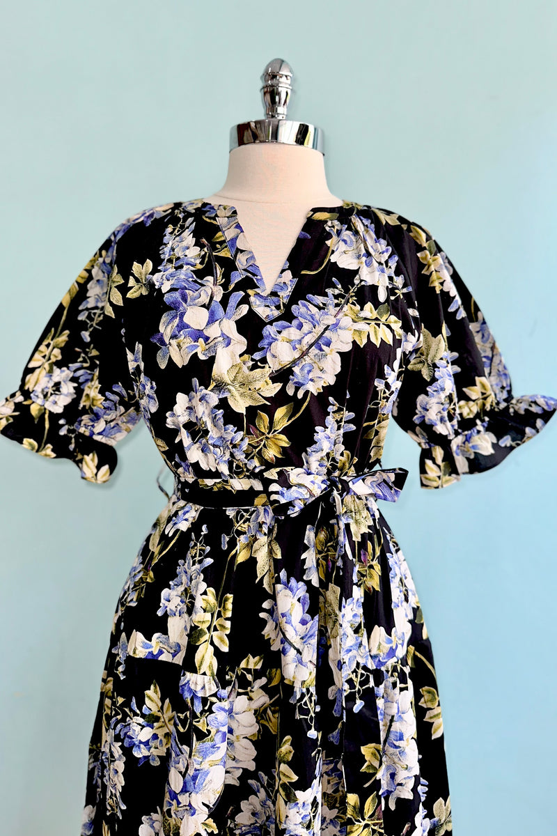 river island black floral midi dress Black Floral Belted Midi Dress – Modern Millie