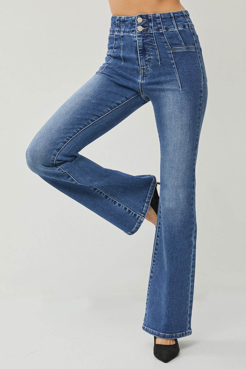 High Rise Dart Detail Flare Leg Jeans by Risen Jeans