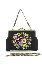 Black Pansy Embroidered Kisslock Bag