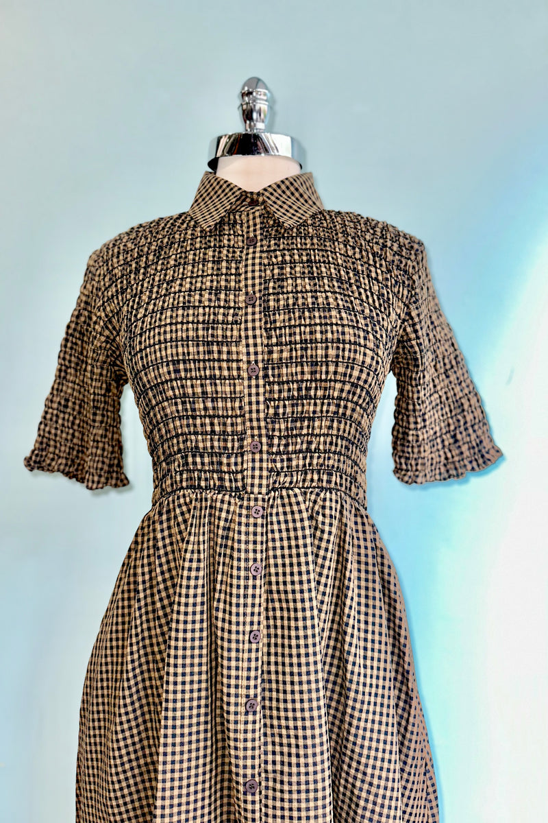 Navy and Brown Gingham Midi Dress