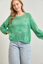 Open Knit Flower Sweater in Green