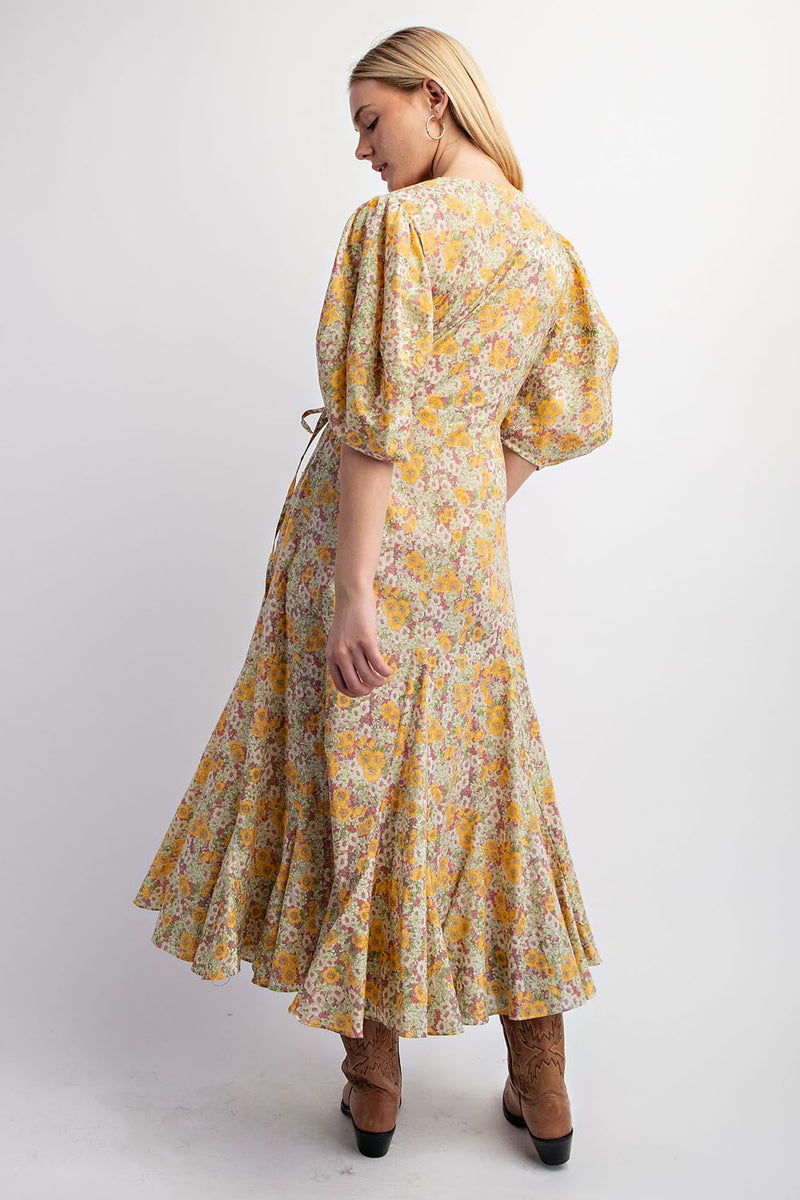 Yellow Floral Balloon Sleeve Wrap Dress