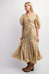 Yellow Floral Balloon Sleeve Wrap Dress