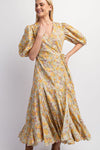 Yellow Floral Balloon Sleeve Wrap Dress