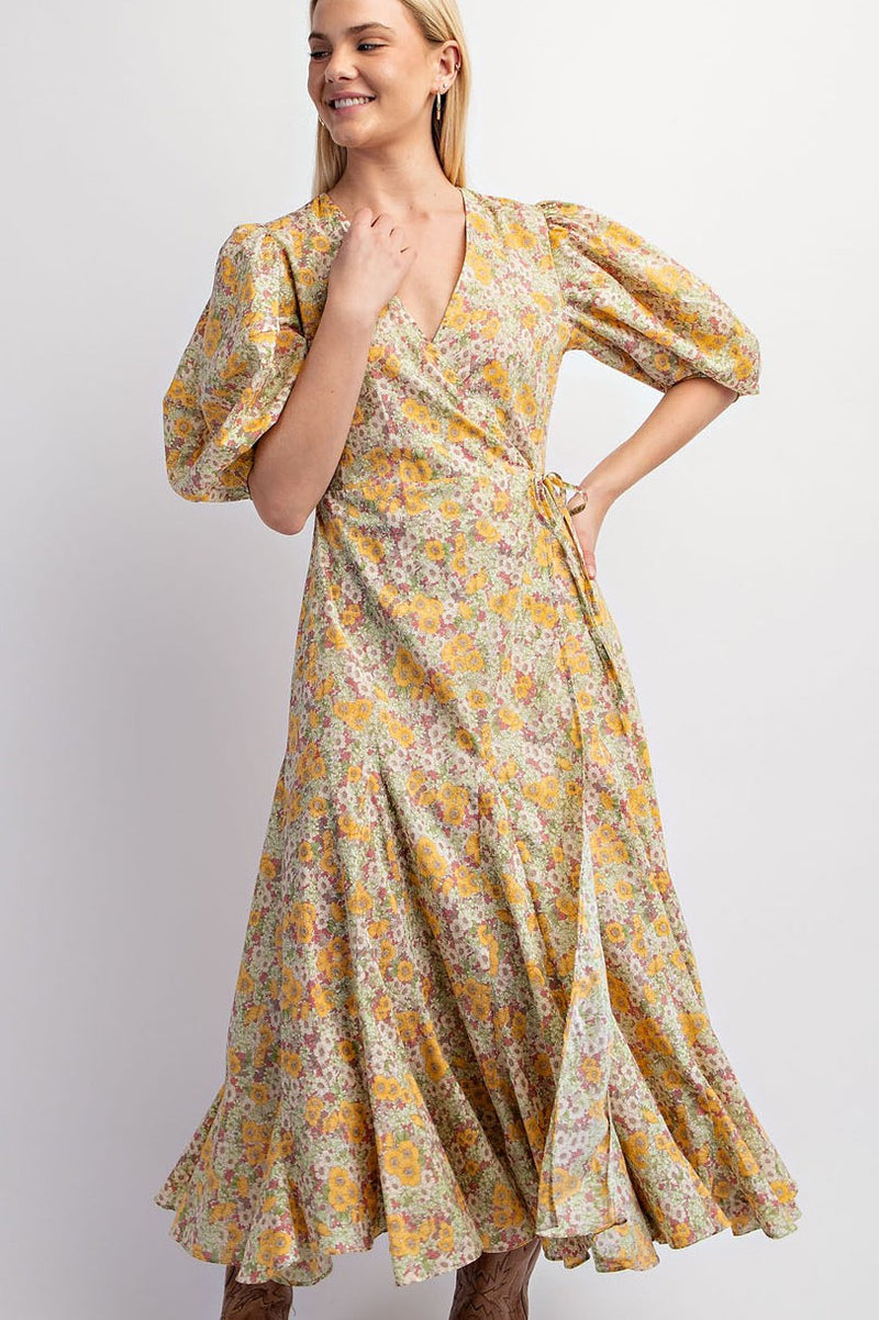 Yellow Floral Balloon Sleeve Wrap Dress – Modern Millie