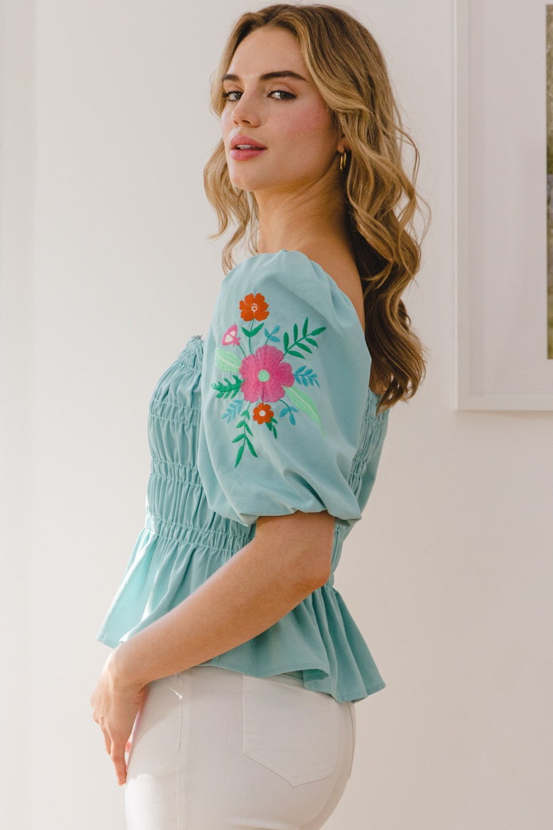 Embroidered Peplum Top - Floral Embroidery