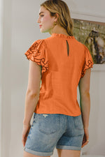 Orange Ruffle Neck Embroidered Keyhole Top