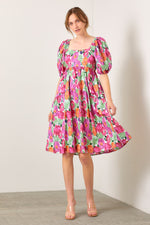 Pink Floral Balloon Sleeve Smocked Midi Dress