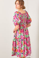 Pink Floral Balloon Sleeve Smocked Midi Dress