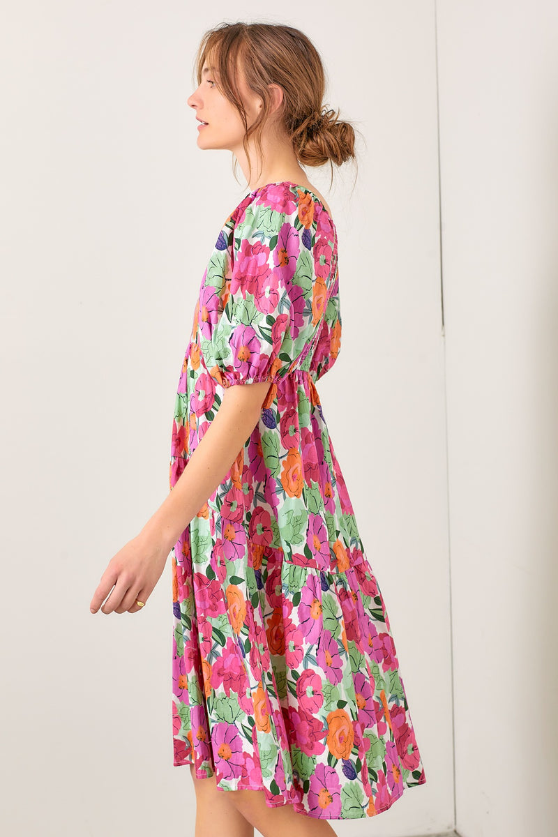 Pink Floral Balloon Sleeve Smocked Midi Dress