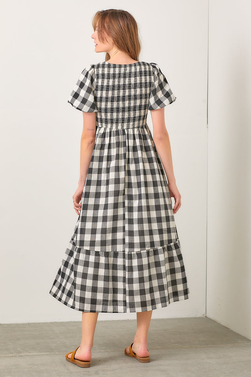 Black and White Gingham Bubble Sleeve Maxi Dress