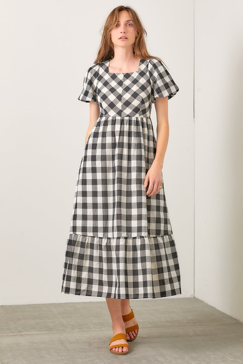 Black and White Gingham Bubble Sleeve Maxi Dress