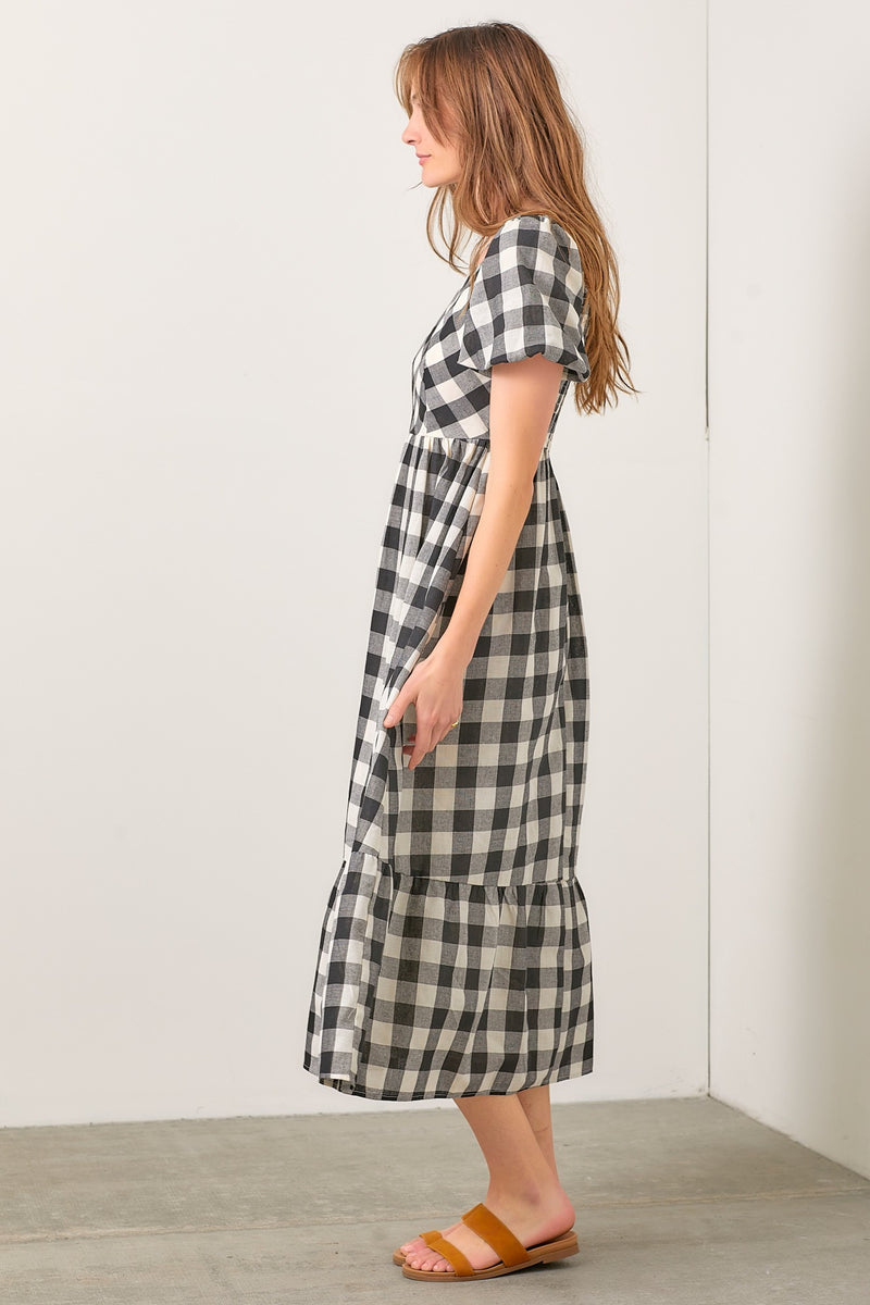 Black and White Gingham Bubble Sleeve Maxi Dress