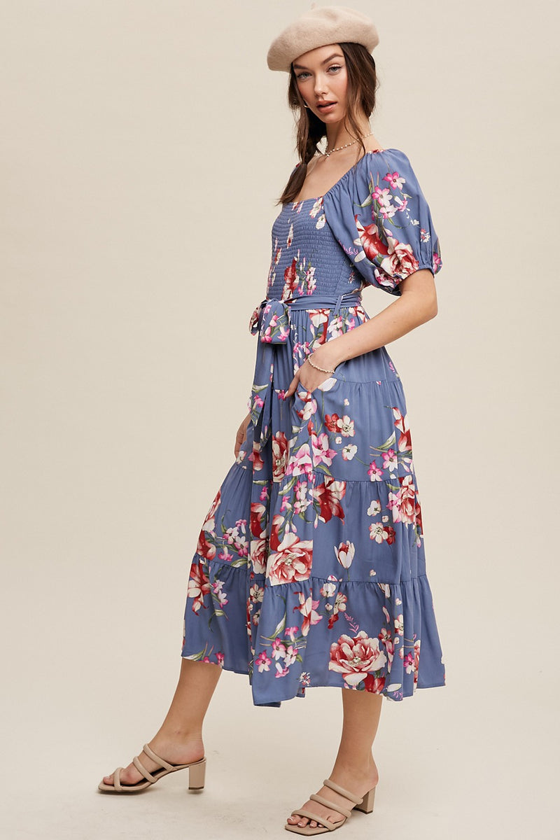 Blue Rose Floral Bubble Sleeve Midi Dress