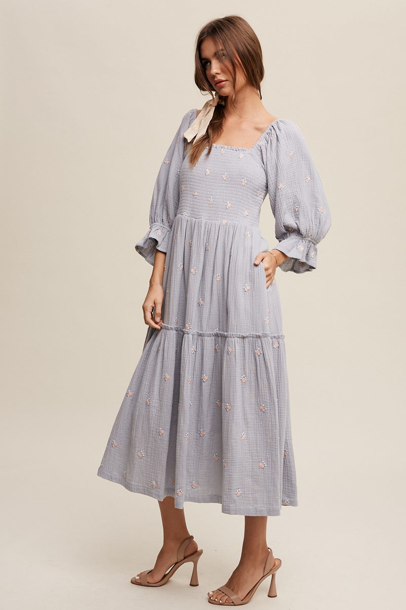 Embroidered Floral Smocked Midi Dress in Steel Blue