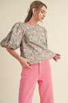 Colorful Floral Bubble Sleeve Top