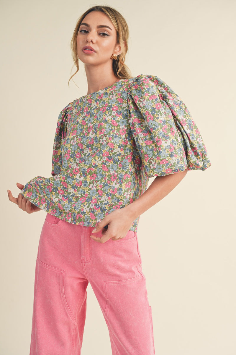 Colorful Floral Bubble Sleeve Top