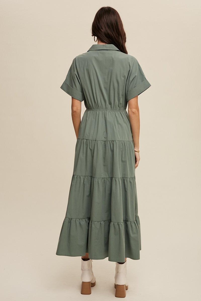 Sage Green Collared Cotton Midi Dress Medium Sage Green Collared Cotton Midi Dress Medium