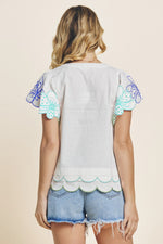 Blue Embroidered Sleeve White Poplin Top