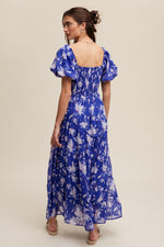Blue Puff Sleeve Chiffon Floral Maxi Dress