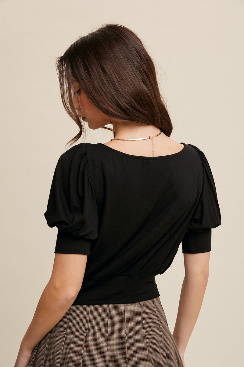 Black Soft Puff Sleeve Crop Top