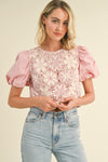 Pink Crocheted Bodice Balloon Sleeve Top